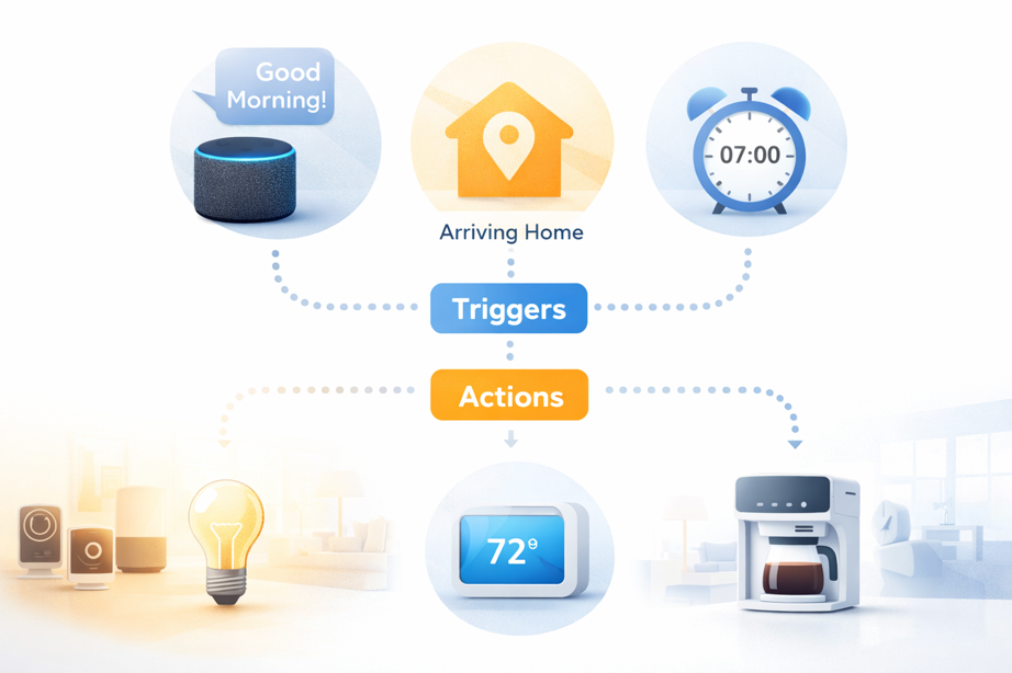smart home automation diagram showing routine triggers like voice commands and schedules activating lights, thermostat and appliances