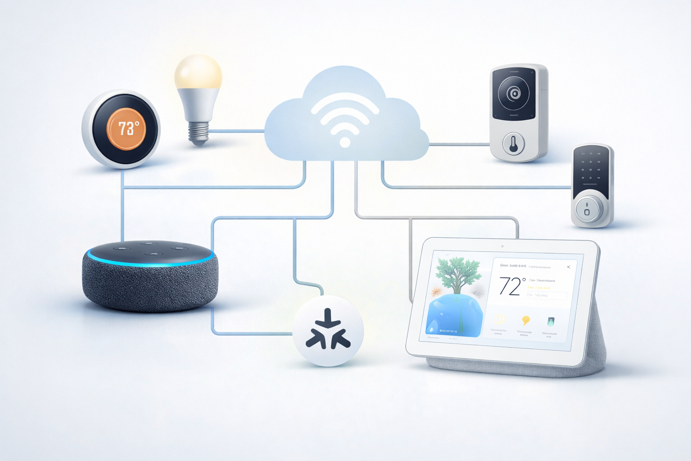 smart home ecosystem diagram showing alexa and google devices connected to thermostats, lights, cameras and smart locks via matter protocol