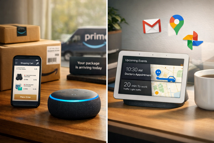 alexa shopping integration with amazon prime delivery versus google home displaying gmail, calendar and maps traffic information