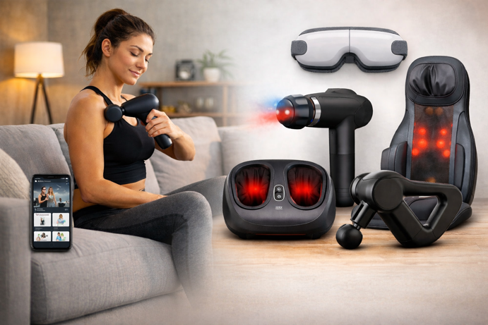 smart massage devices for home recovery, including massage gun, foot massager and eye mask