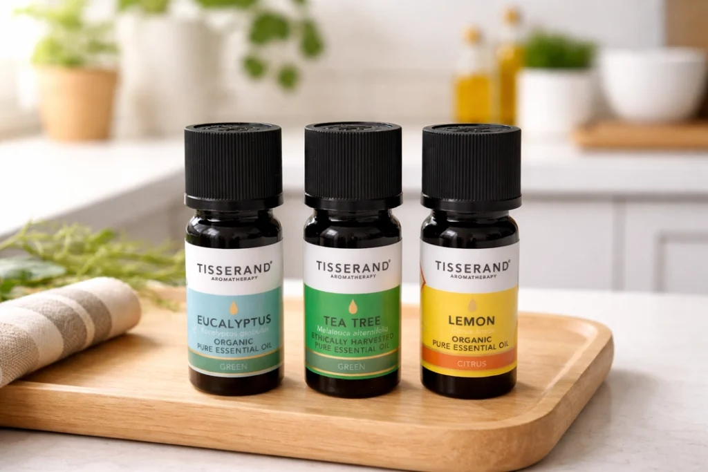 tisserand aromatherapy eucalyptus tea tree and lemon essential oil bottles on wooden tray
