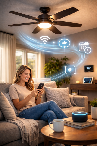 woman controlling smart ceiling fan with smartphone app and voice assistant in modern living room