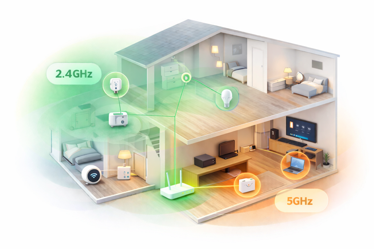 2.4ghz vs 5ghz wi-fi coverage in two story home showing range and penetration differences