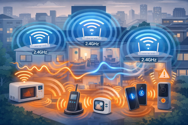 2.4ghz wi-fi congestion in apartment building showing overlapping networks and interference