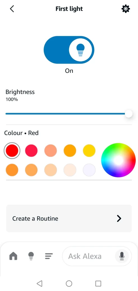 alexa app device screen for first light showing color wheel and brightness slider