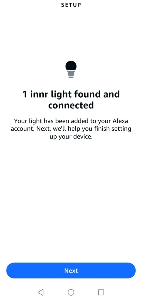 alexa app showing 1 innr light found and connected