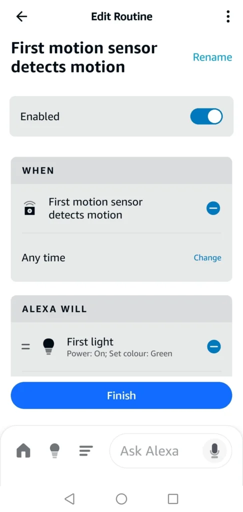 alexa app routine showing first motion sensor detects motion triggers first light power on and set color green