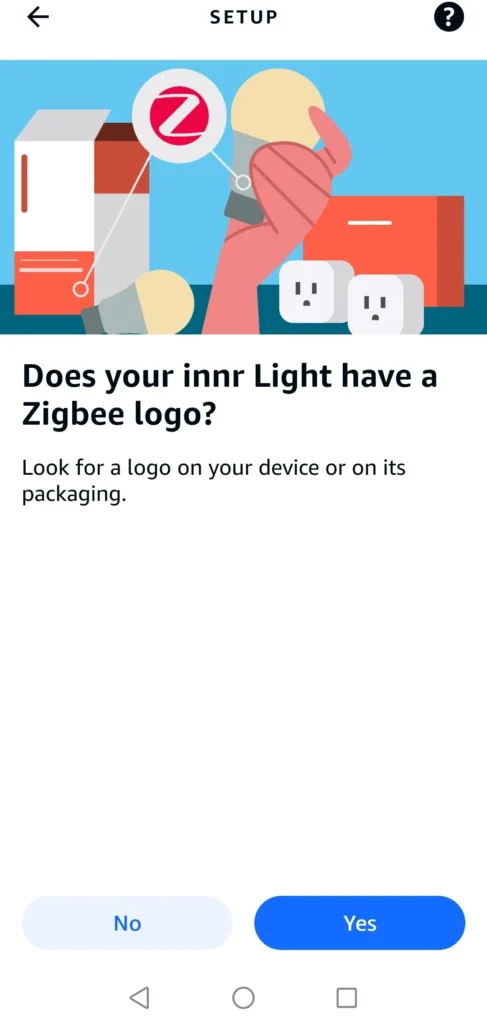 alexa app setup screen asking if innr light has a zigbee logo