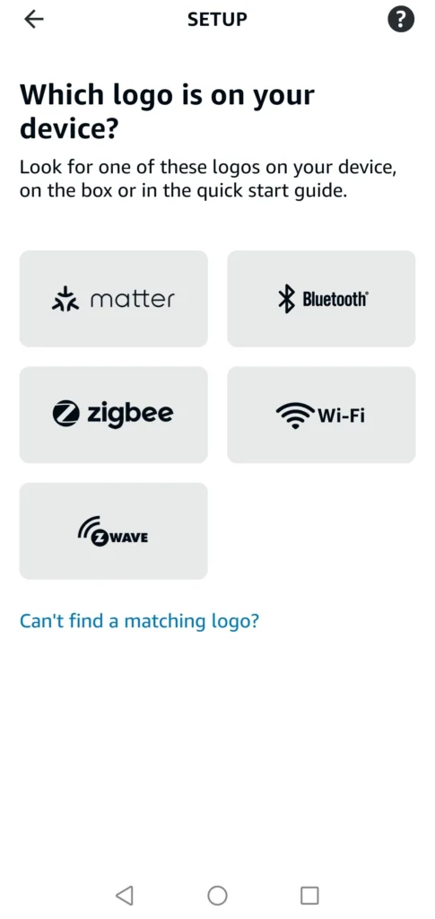 alexa app setup screen showing matter, bluetooth, zigbee, wi-fi and z-wave protocol options