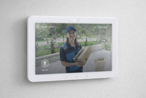 amazon echo hub wall mounted smart home control panel displaying a front door camera feed