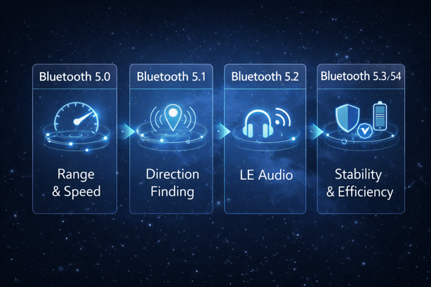 bluetooth 5.0 through 5.4 improvements including extended range, direction finding, le audio and efficiency