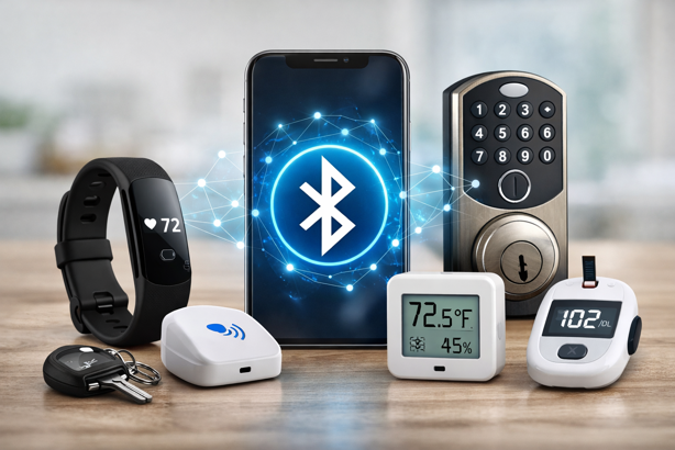 bluetooth iot devices including fitness tracker, smart lock, beacon and sensors connected to smartphone