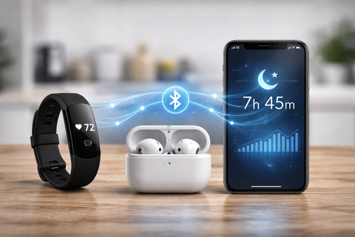 bluetooth low energy connecting fitness tracker, wireless earbuds and smartphone for health tracking