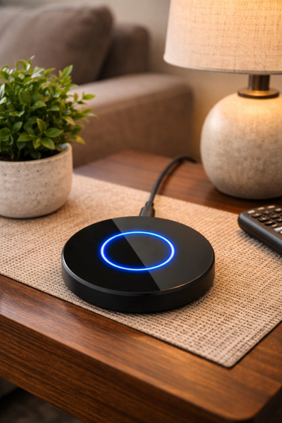 bond bridge device with blue led ring on table