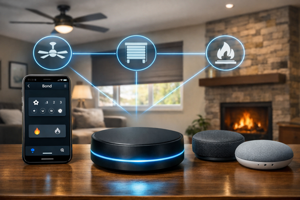 smart home hub controlling ceiling fan, fireplace and motorized shades