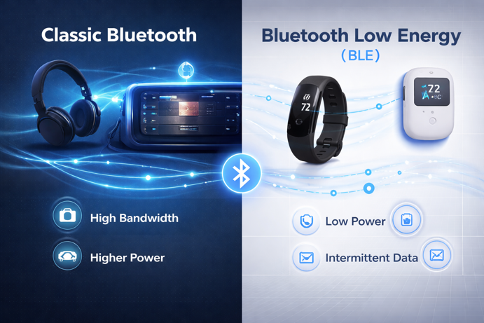 classic bluetooth vs bluetooth low energy comparison showing audio streaming versus fitness tracker and sensors