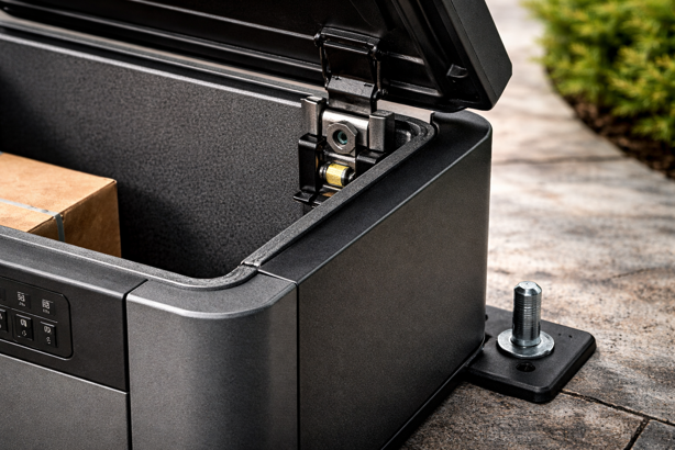 close up of smart package box showing anti-pry hinge and bolt-down anchor point