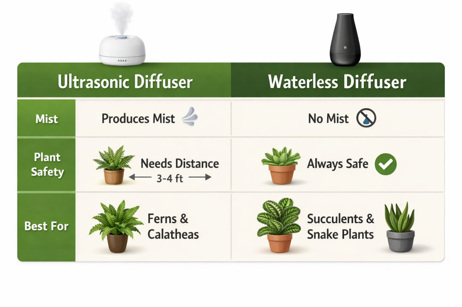 comparison chart of ultrasonic vs waterless diffusers for indoor plants
