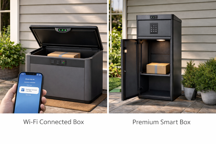 comparison of wi-fi connected smart box with app and premium smart box with keypad and camera