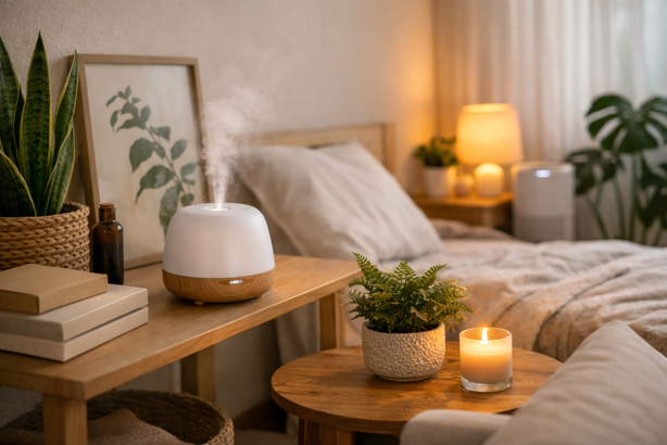 smart diffuser and plants in bedroom for calm sleep environment
