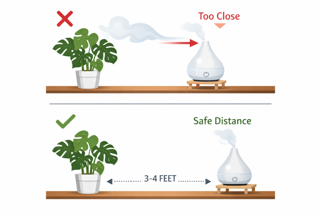 diagram showing correct 3-4 feet distance between diffuser and indoor plants