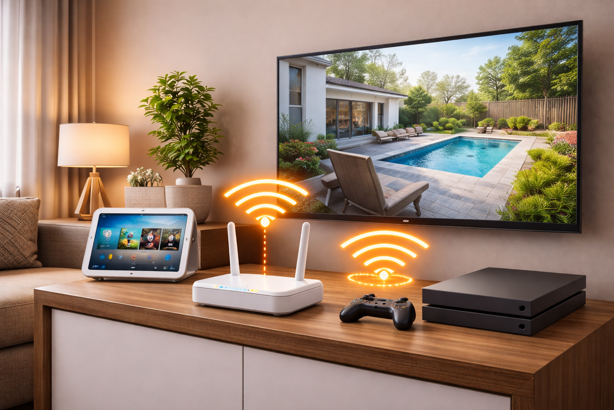 dual band router with smart display and gaming console