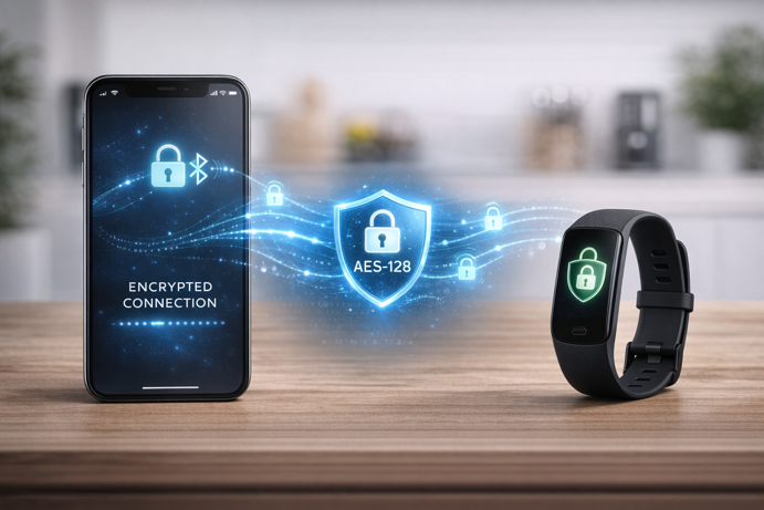 encrypted bluetooth connection between smartphone and fitness tracker showing aes-128 security