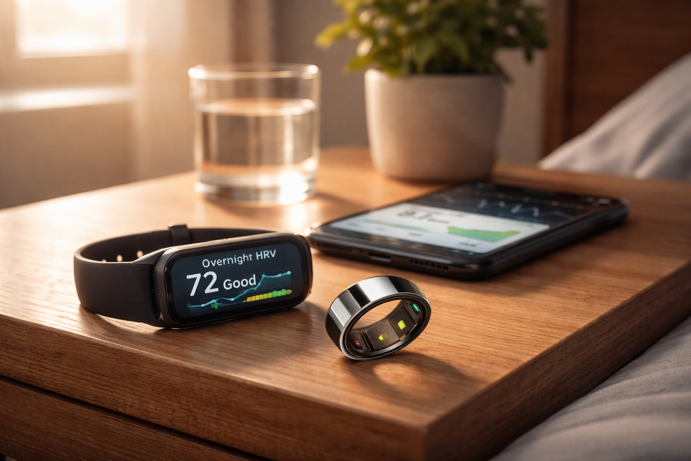 fitness tracker and ring on bedside table showing overnight hrv reading of 72ms good