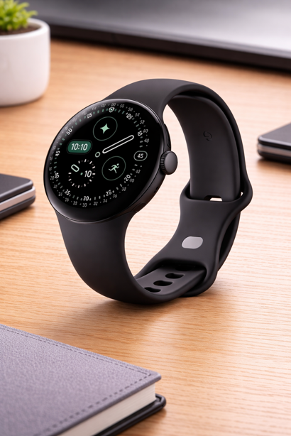 google pixel watch 4 in matte black with obsidian band on desk