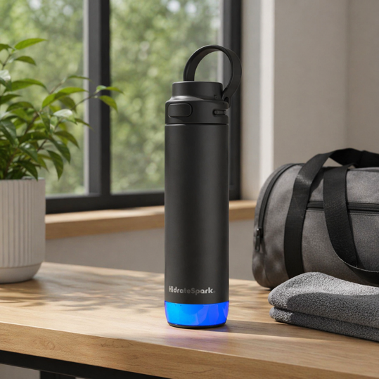 hidratespark pro 2 smart water bottle in black with blue sensor glow on a wooden surface next to a gym bag