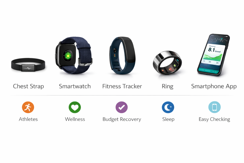 hrv monitor types including chest strap, smartwatch, fitness tracker, ring and smartphone app comparison