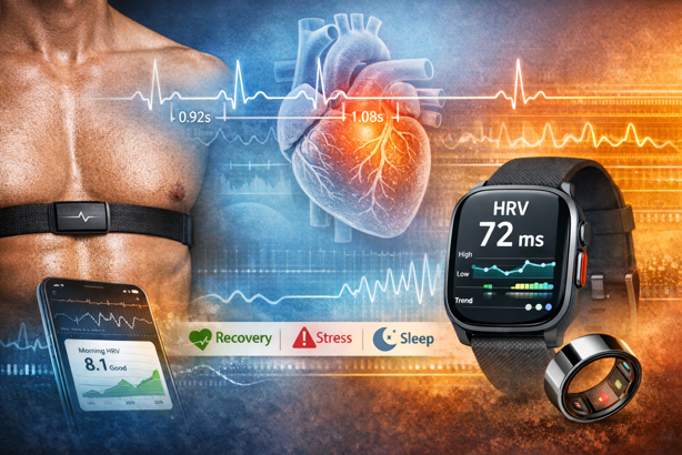 hrv monitors - chest strap, smartwatch, ring and smartphone showing heart rate variability tracking