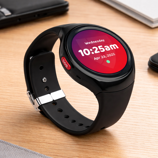 mgmove smartwatch by medical guardian with red sos button on desk
