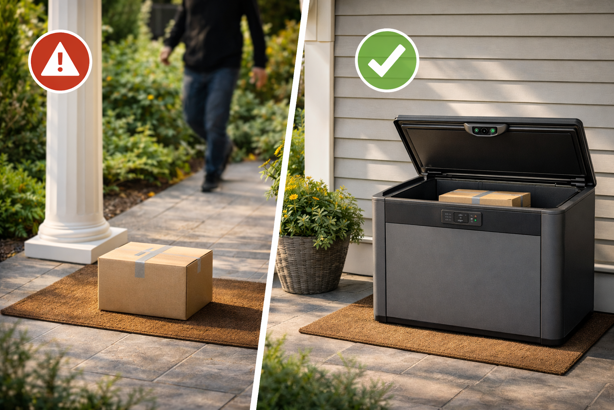 package left unprotected on porch versus secured inside smart delivery box
