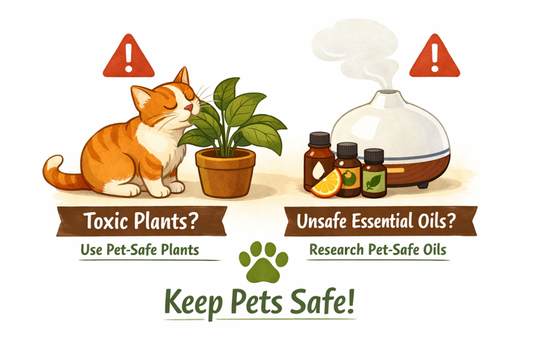 pet safety warning for toxic plants and essential oils with cats and dogs