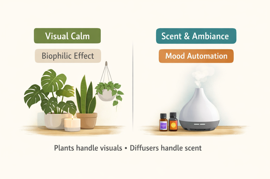 plants provide visual calm while smart diffusers automate scent and mood