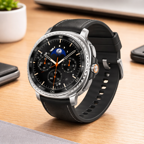samsung galaxy watch 8 classic in silver with rotating bezel and black band on desk