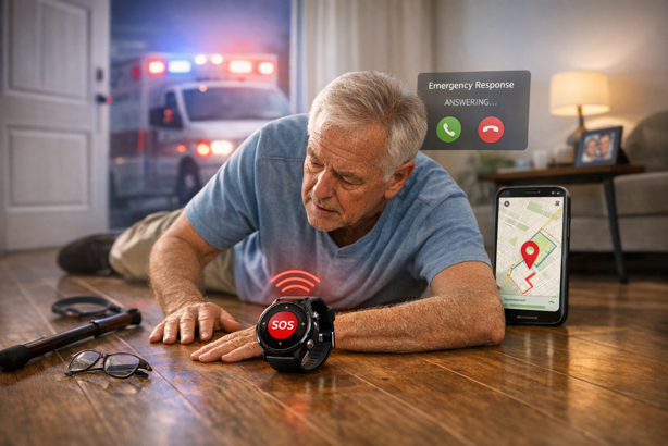 senior man after a fall with smartwatch sending sos alert and ambulance responding