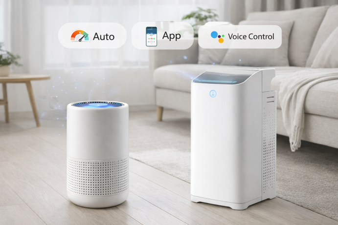 smart air purifiers with automatic sensors, app control and voice assistant integration in modern living room
