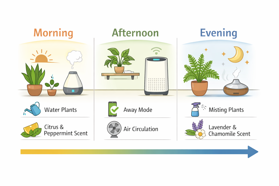 daily routine for smart diffuser automation and plant care from morning to evening