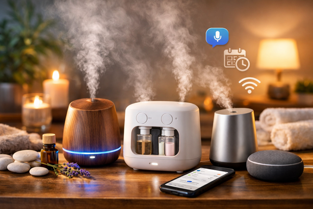 cozy home scene showing smart diffusers, essential oils and app control