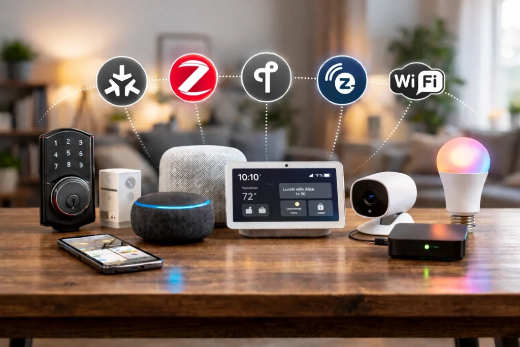 smart home devices including echo dot, homePod, nest hub, smart lock, security camera and color bulb with matter, zigbee, thread, z-wave and wi-fi protocol icons