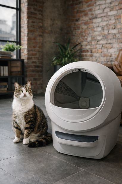 smart litter box in modern home with cat