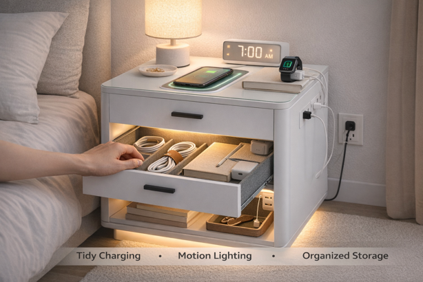 smart nightstand with wireless charging pad, motion activated drawer lighting and organized cable storage compartments