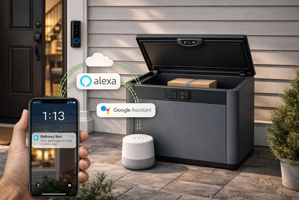 smart package box integrated with alexa, google assistant, doorbell camera and smartphone notifications