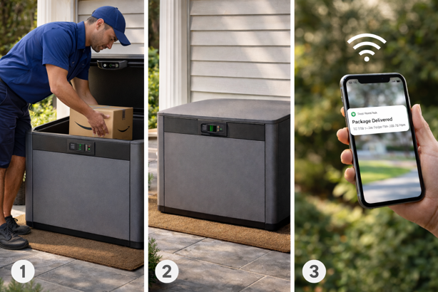 three step process showing delivery driver placing package in box, box automatically locking, and smartphone notification
