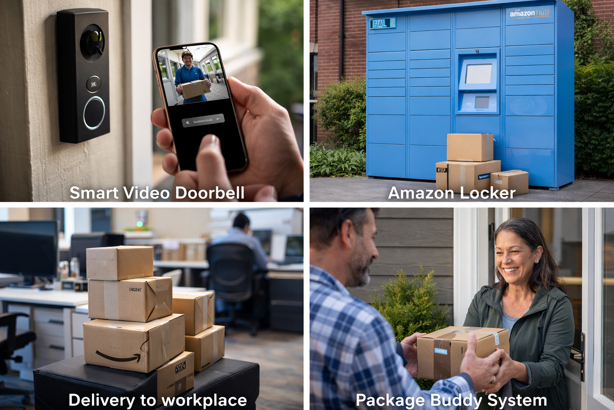 four package security alternatives, including video doorbell, amazon locker, workplace delivery, and neighbor package handoff