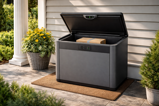 smart package delivery box open on porch with package inside