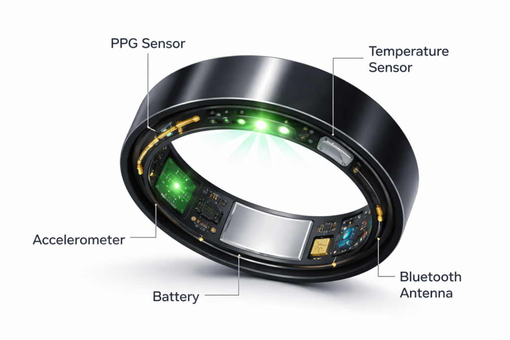 smart ring cutaway showing internal sensors and components
