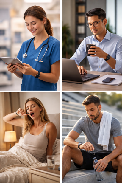 smart ring users in different scenarios including healthcare worker, office professional, sleep tracking and fitness recovery